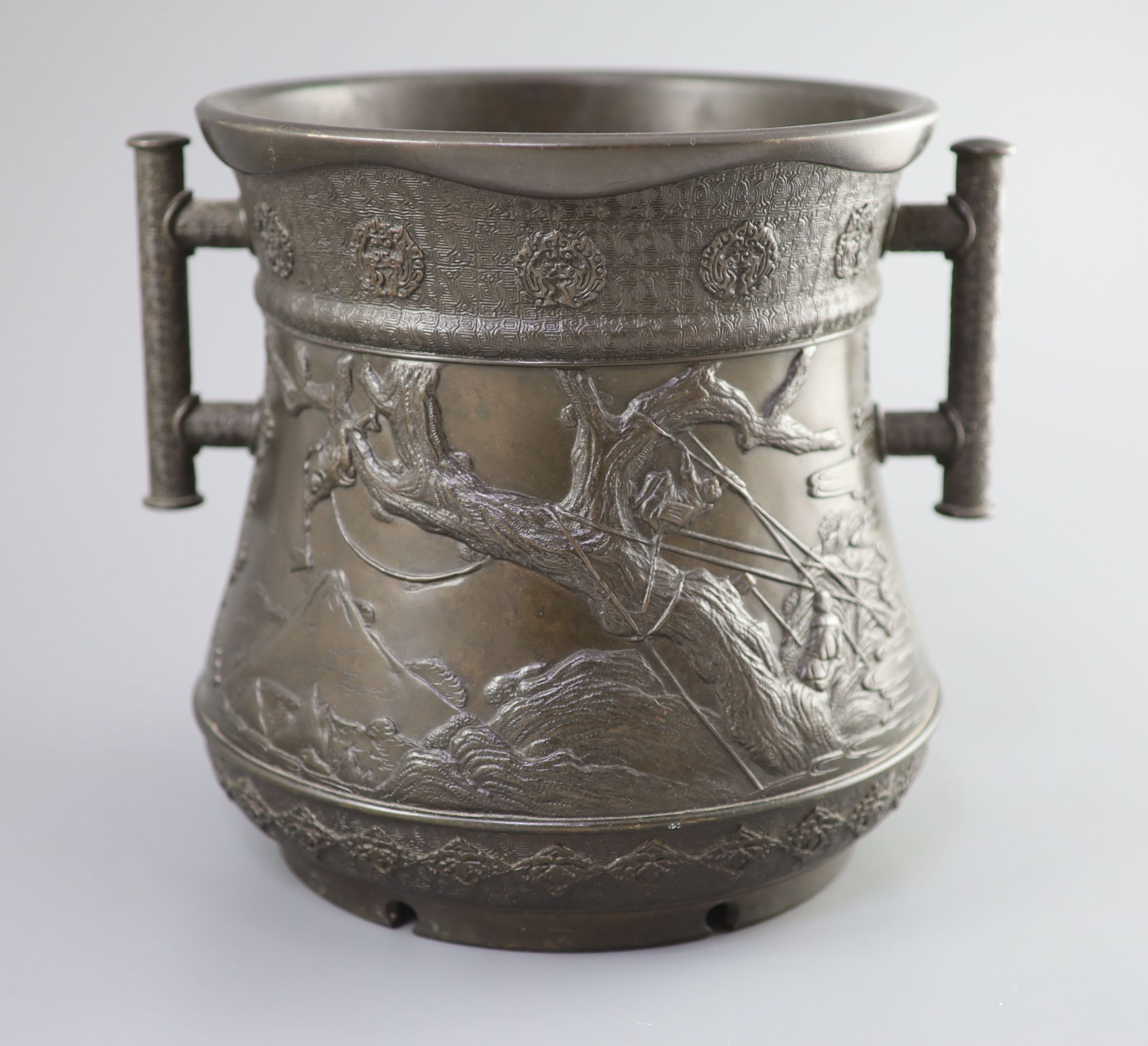 A Japanese archaistic bronze two-handled vessel, Meiji period 25cm high, 28.5cm wide